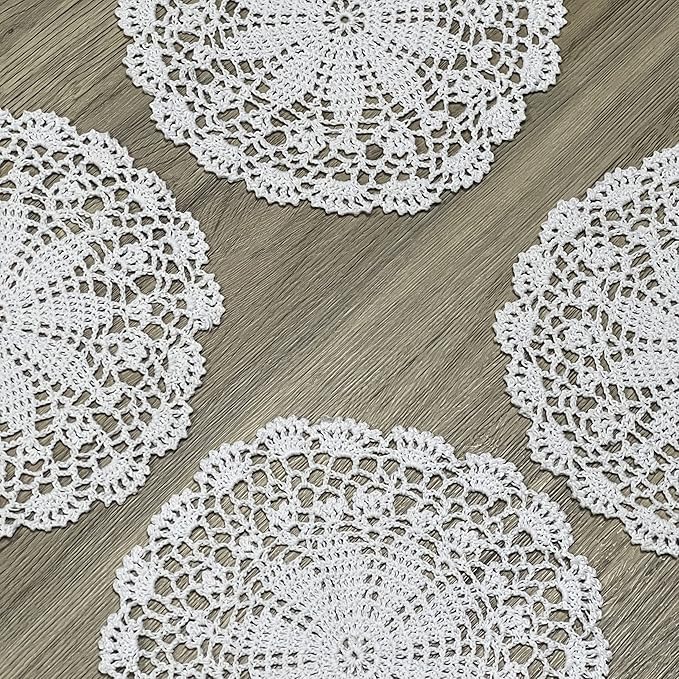 PHANTOMON Crochet Doilies Handmade Round Cotton Lace Table Placemats Knitted Tablecloth, Star Pattern Rippled Edge, Pack of 4 (10 Inch, White)