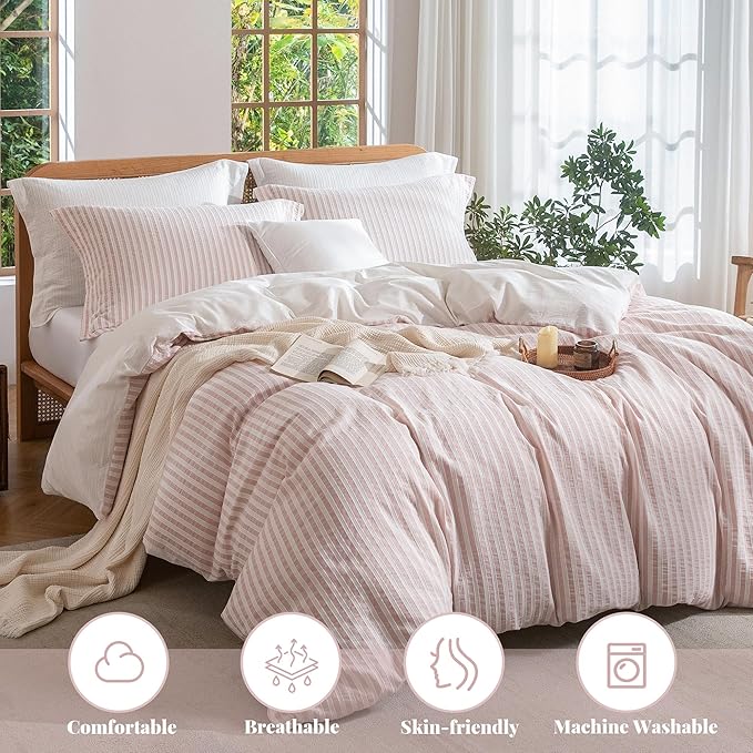MILDLY Pink Striped Duvet Cover - 100% Washed Cotton Jacquard Boho Textured Comforter Cover 2pcs with Corner Ties Zipper Closure 68"x90"