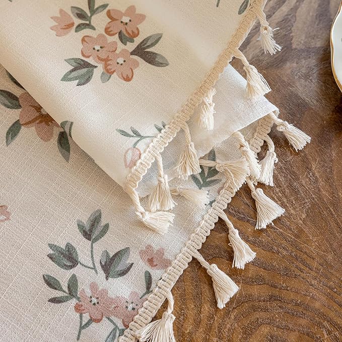 OYX Pink Boho Floral Window Curtains 84 Inch Long 2 Panels, French Vintage Farmhouse Vintage Country Rustic Tassels Printed Drapes for Living Room Bedroom, Rod Pocket Light Filtering Decor Aesthetic