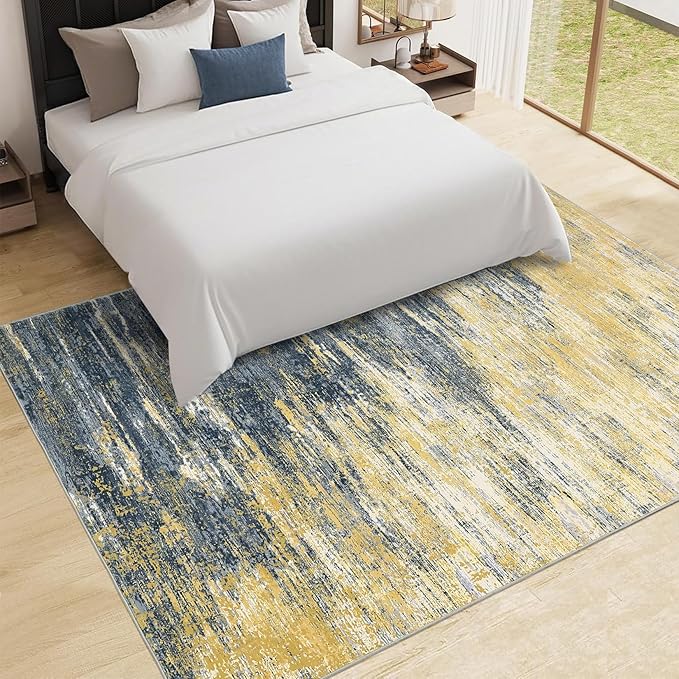 Modern Abstract Area Rug 4x6 Washable Rug for Living Room, Ultra Soft Rug for Bedroom, Non Slip Indoor Floor Carpet, Stain Resistant Rugs for Home Decor Office, Yellow/Black