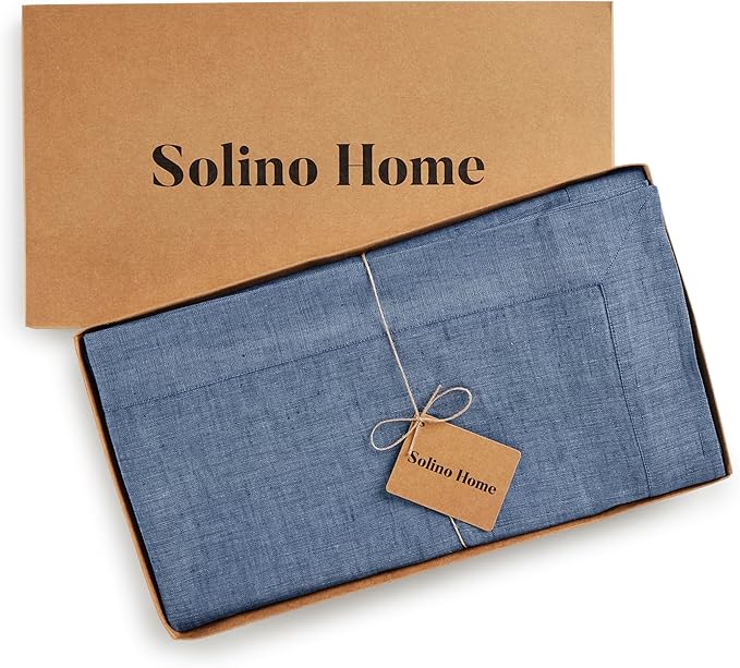 Solino Home Linen Tablecloth 60 x 120 Inch - 100% Pure Linen Blue Denim Table Cloth for Rectangle Tables - Athena, Machine Washable Tablecloth for Christmas, Thanksgiving