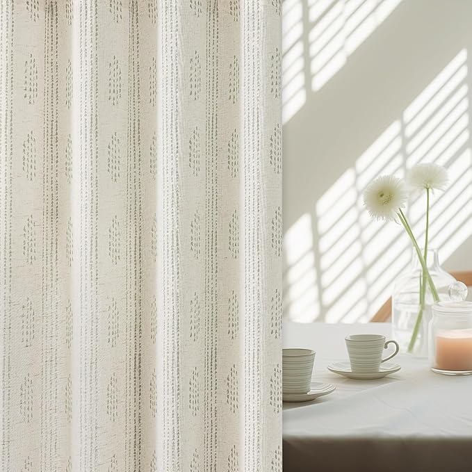 Boho Linen Curtains for Bedroom Living Room Sage Green Farmhouse Boho Curtains 72 Inches Long Geometric Striped Patterned Mudcloth Grommet Top Rustic Window Drapes 2 Panels Green on Beige