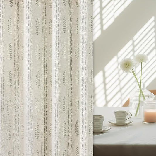 Boho Linen Curtains for Bedroom Living Room Sage Green Farmhouse Boho Curtains 96 Inches Long Geometric Striped Patterned Mudcloth Grommet Top Western Window Drapes 2 Panels Green on Beige
