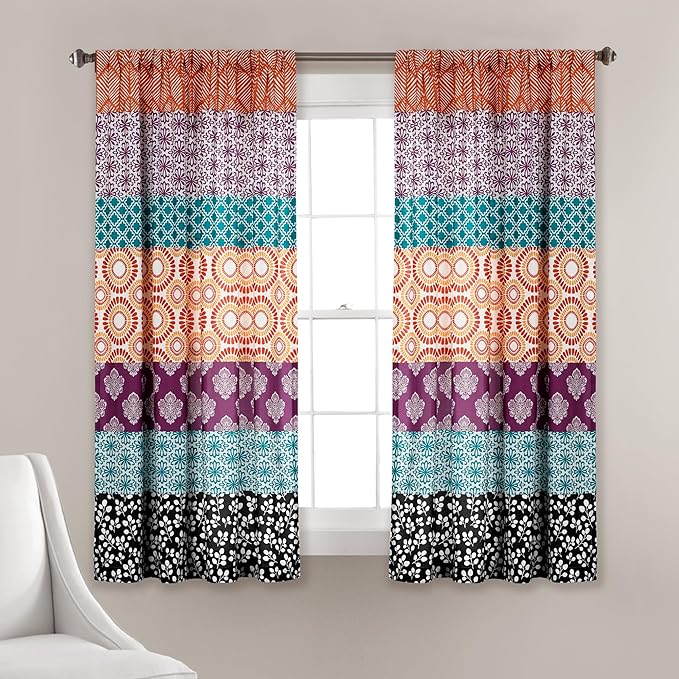 Lush Decor Bohemian Stripe Window Curtain Panels, Pair 52" W x 63" L Fuchsia & Orange - Light Filtering Curtains for Bedroom - Boho Curtains - Maximalist Decor