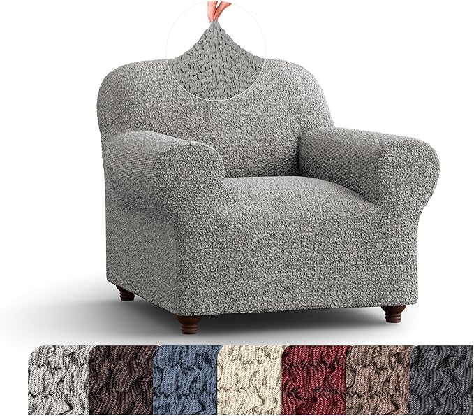 PAULATO BY GA.I.CO. Chair Cover - Armchair Cover - Armchair Slipcover - Cotton Fabric Slipcover - 1-Piece Form Fit Stretch Stylish Furniture Protector - Mille Righe Collection - Platinum (Chair)