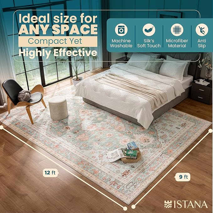 Istana 9x12 Area Rug - Light Green/Pink 9 x 12 Area Rugs for Living Room - Foldable 9x12 Rugs for Bedroom - Stain Resistant Washable Rug - Eco-Friendly Area Rugs Living Room