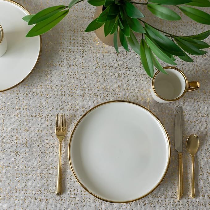 Benson Mills Gold Mine Foil Printed Fabric Table Cloth, Holiday, Winter, Thanksgiving, and Christmas Tablecloth (60" x 84" Rectangular, Gold Mine Ivory/Gold)