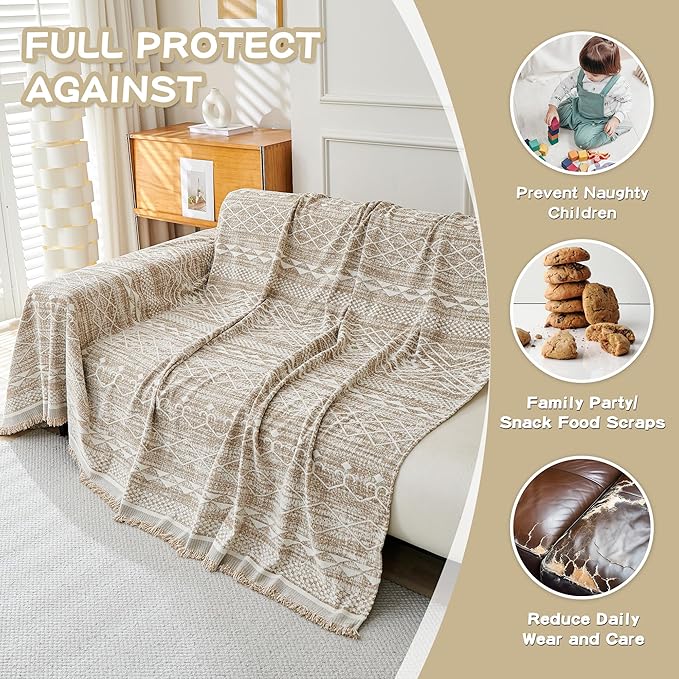 MEETSKY Boho Couch Cover Sofa Slipcover for Sectional Sofa Covers Protector Universal Use Chenille Blend Thick Fabric Washable, Modern Design Sofa Throw Cover for Living Room, 71" x 118", Khaki
