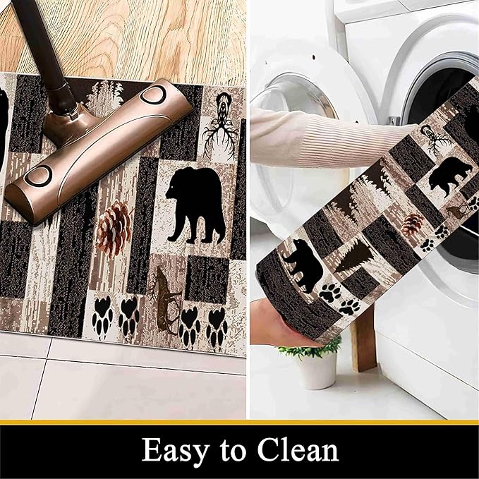 Rustic Lodge Runner Rug,2x10ft,Western Country Bear Elk Deer Wildlife Log Design,Forest Landscape Hunting Theme Rug,with Non Slip Backing Washable Rugs, Non Slip Pet Friendly Rug for Hallway