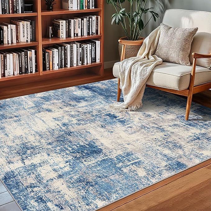 3x5 Modern Abstract Rug Washable Area Rugs for Living Room Bedroom Dining Room Non-Slip Low Pile Neutral Large Rug Soft Indoor Floor Carpet, Blue