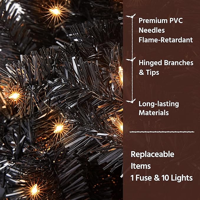 Yaheetech 4.5ft Pre-lit Halloween Black Spruce Artificial Hinged Christmas Pine Tree Prelighted Xmas Tree for Home Party Holiday Decoration with 150 Clear Warm White Lights and 324 Branch Tips, Black