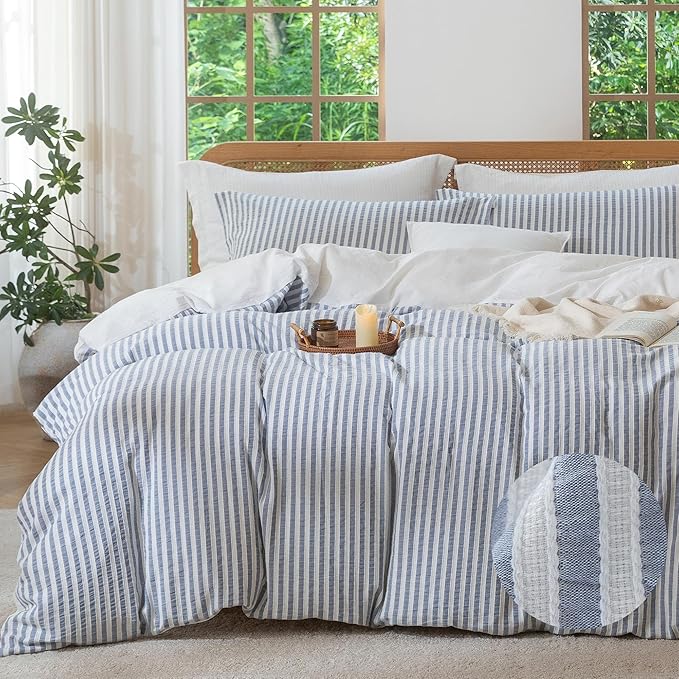 MILDLY Blue Striped Duvet Cover - 100% Washed Cotton Jacquard Boho Textured Comforter Cover 2pcs with Zipper Closure 68"x90"