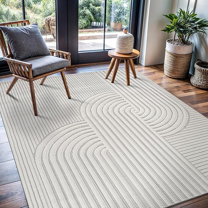 CAMILSON Modern Rug 6x9 Luxury Swirl Curved Micro Loop Area Rugs Soft High-Low Pile Stain Resistant Easy to Clean Non-Shedding Durable Living Room Bedroom Indoor Carpet (White)