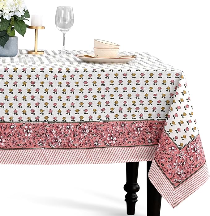 CPC Rosette Bloom Tablecloth 100% Cotton 72x160 Inch Indian Block Print Rectangle Table Cover, Table Cloth for Gifting in Weddings, Halloween, Fall, Christmas, Thanksgiving