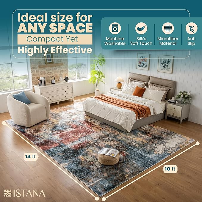 Istana Living Room Rug 10x14 - Multi/Red 10 x 14 Area Rug - Foldable Machine Washable Area Rugs 10x14 - Stylish 10x14 Area Rugs Boho - Stain Resistant Washable Rug 10x14