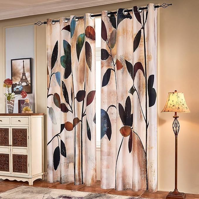 SUBRTEX Light Flitering Curtains 52Wx72L, Room Darkening Vibrant Floral Drapes, 50% Blackout, Semi Sheer Boho Farmhouse Curtains for Living Room, Brown