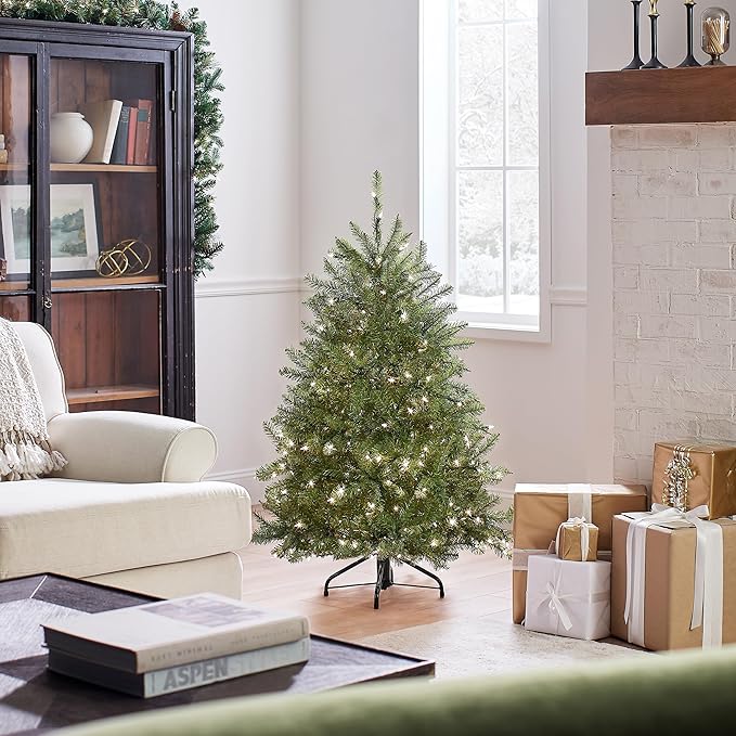 National Tree Company 4 ft Pre-Lit Dunhill Fir Mini Artificial Christmas Tree, 200 Clear Lights, 559 Tips, Includes Stand, Green