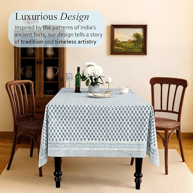CPC Cotton Tablecloth 80x120 Inch Rectangle Indian Block Print Tablecloth- Blue Washable Wedding Table Cover for Thanksgiving/Christmas- Apatite Blue
