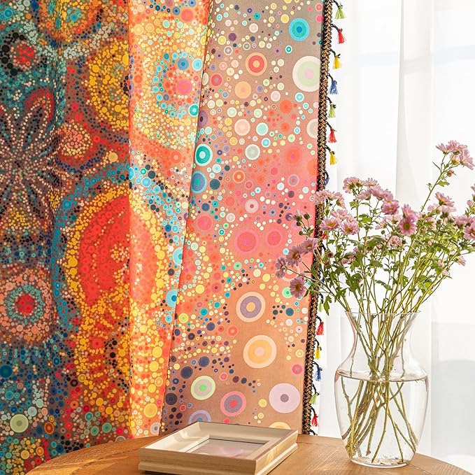 Boho Curtains Geometric Light Filtering Semi-Blackout Window Curtains 63 Inches Long Rod Pocket Drapes for Living Room 2 Panels-Dot Colorful