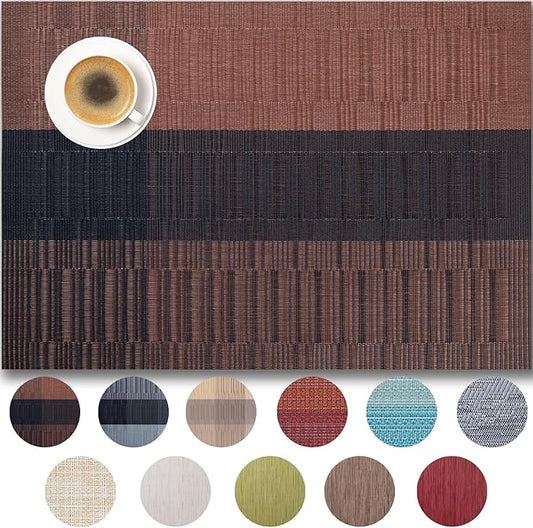 Placemats Set of 4 - Easy Clean Woven Vinyl Placemats for Dining Table, Indoor/Outdoor Place Mats, Washable PVC Table Mats （Ombre Brown Black）