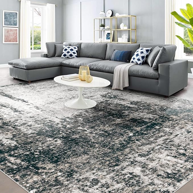 9x12 Area Rugs Washable Rug, Soft Modern Abstract Rugs for Living Room Large Low Pile Thin Rug Non Slip Indoor Neutral Carpet for Bedroom Dining Room Farmhouse Office Kids Playroom Black Grey Gold