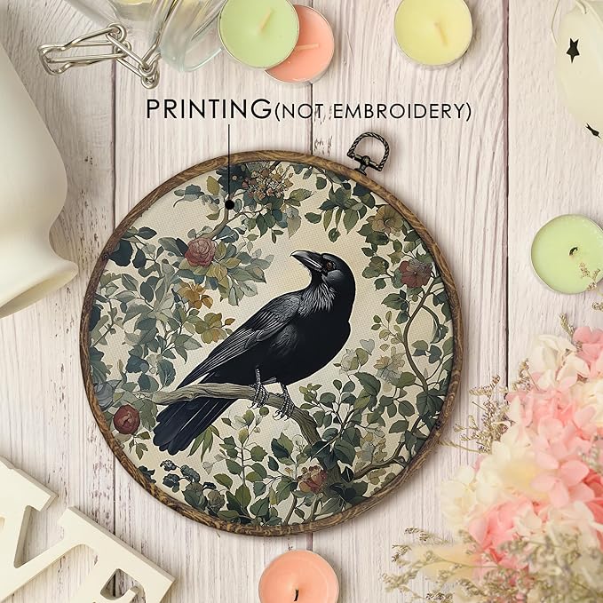 KFXHANGD Gothic Black Raven Crow Round Wall Art Framed, Vintage Dark Academia Raven Botanical Canvas Wall Art Decor, Moody Crow Hanging Decor for Bedroom Living Room, 10x10inch
