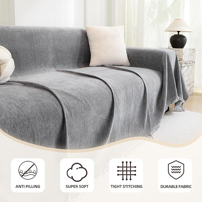 Couch Cover for 2-3 Cushion Couch, Non Slip Slipcover Chenille Couch Covers for Sectional Sofa, Sofa Covers Washable, Sofa Furniture Protector for Pets and Kids, 71''x118'', Dark Grey