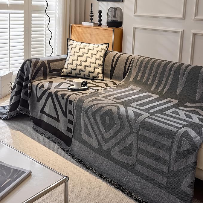 DREAMINGO Boho Couch Cover Washable Chenille Sofa Cover Blanket Dark Grey Black Furniture Protector for Sectional 3 Cushion Couch Reversible Geometric Sofa Slipcover, XX-Large 71"x150"