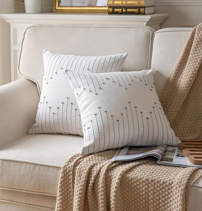 Caflife Boho Throw Pillow Covers 20x20 Set of 2 Decorative Pillows for Bed, Neutral Pillow Covers Beige with Grey Line Throw Pillows for Modern Farmhouse Couch Sofa Living Room Outdoor