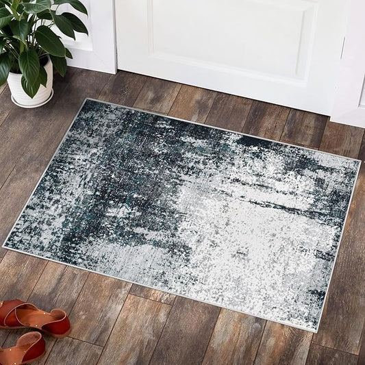 2x3 Area Rugs Washable Rug, Soft Modern Abstract Rugs for Entryway Small Low Pile Thin Rug Non Slip Indoor Neutral Carpet for Kitchen Bedroom Laundry Bathroom Hallway Black Grey Blue