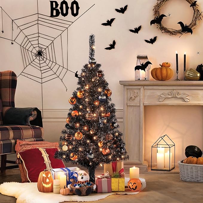 Yaheetech 4ft Pre-lit Halloween Black Spruce Artificial Hinged Christmas Pine Tree Prelighted Xmas Tree for Home Party Holiday Decoration with 70 Clear Warm White Lights and 110 Branch Tips, Black