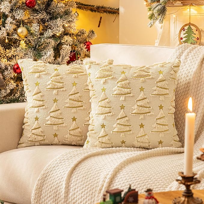 AQOTHES Christmas Tree Decorative Beige Throw Pillow Covers 18x18 Set of 2, Faux Fur Farmhouse Throw Pillows Cushion Cases for Xmas Winter Holiday Home Decor