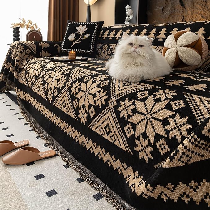 VClife Boho Couch Cover for Sofa, Anti Slip Chenille Sofa Cover for Sectional Sofa - 1 Piece Black Khaki Geometry Jacquard Sofa Slipcover, Pet-Friendly Couch Cushion Cover with Tassel 71"x 118"