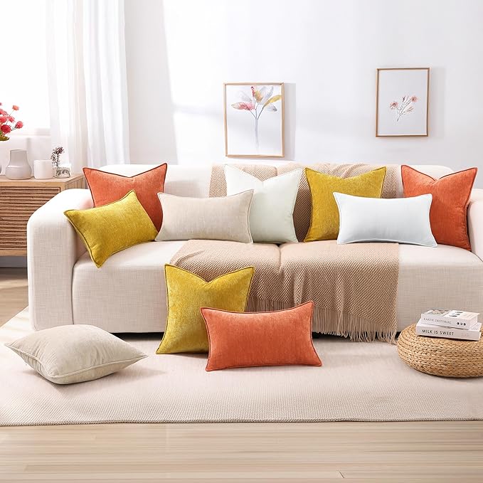 decorUhome Christmas Couch Throw Pillow Covers 18x18 Set of 2, Decorative Soft Euro Velvet Neutral Chenille Pillow Covers with Elegant Design for Sofa Bed Living Room Home Decor, Rust
