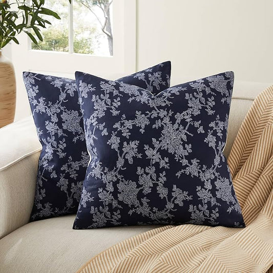100% Cotton French Pastoral Throw Pillow Covers Set of 2, 24x24 Inch Background/Blue Farmhouse Decorative Cushion Covers for Sofa Bed Living Room Home Decor