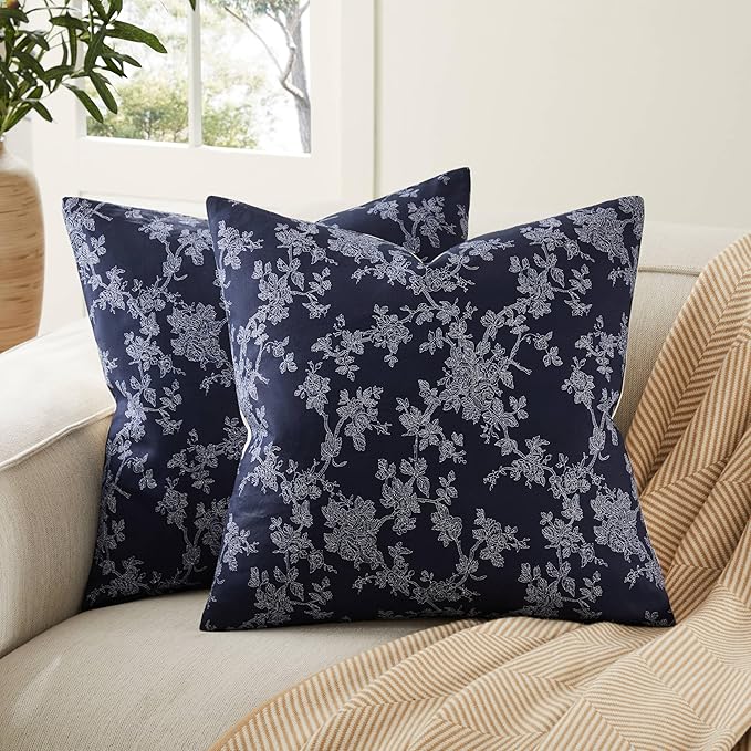 100% Cotton French Pastoral Throw Pillow Covers Set of 2, 20x20 Inch Background/Blue Farmhouse Decorative Cushion Covers for Sofa Bed Living Room Home Decor