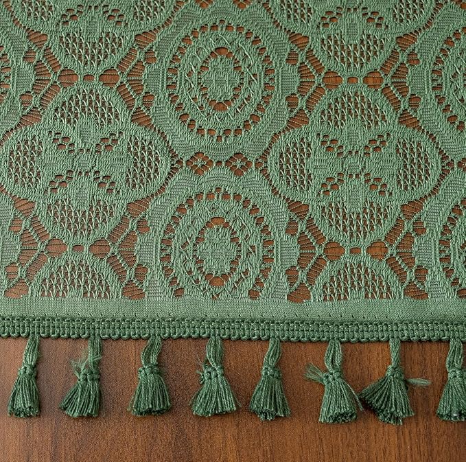 Green Crochet Curtain 72 Inches Long Vintage Boho Sheer Lace Curtains with Tassels Rod Rustic Farmhouse Drapes for Living Bedroom Office Bohemian Neutral Aesthetic Décor 59" W x 72" L, Dark Green