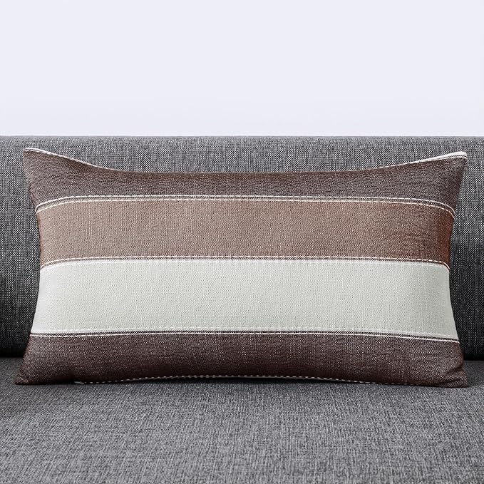 AmHoo Pack of 2 Farmhouse Stripe Check Throw Pillow Covers Set Case Cotton Linen Decorative Pillowcases Cushion Cover for Couch Bench Sofa 12x20Inch Brown