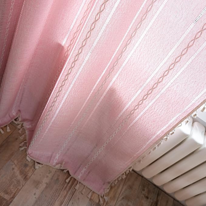 Sutuo Home Boho Curtains for Bedroom Living Room Nursery Kitchen, Light Filtering Country Farmhouse Vintage Chic Tassels Hollow Window Treatment Bohemian Drape, 1 Panel 52" W x 63" L, Pink