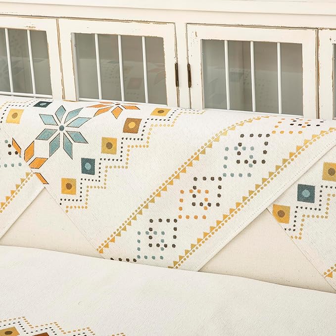 Boho Chenille Couch Covers,Geometric Couch Covers for Sofa,Chenille Couch Cover Non Slip,Sectional l Shaped Sofa Furniture Protector Cover for Home Decor,Off-White_Handrail 28x28in/70x70cm