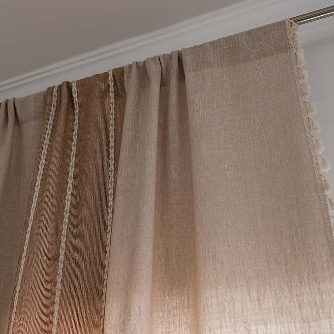 Sutuo Home Boho Curtains for Bedroom Dining Room, Light Filtering Brown Farmhouse Shabby Chic Tassels Window Treatment Bohemian Embroidery Drape, Rod Pocket 1 Panel 52" W x 84" L, Coffee Linen