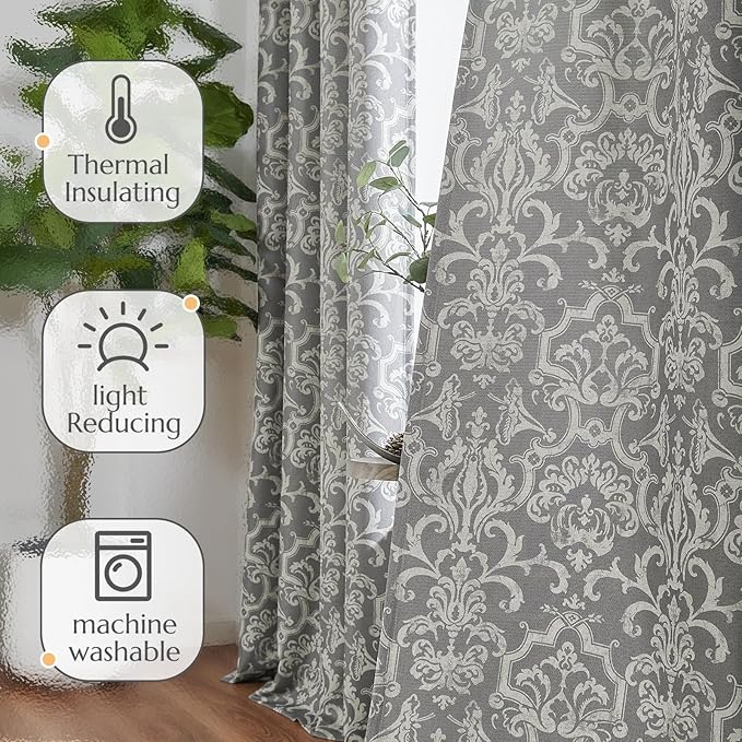 jinchan Room Darkening Curtains for Bedroom Grey Damask Patterned Curtains 84 Inch Length for Living Room Linen Textured Vintage Drapes Medallion Window Treatments Grommet Top 2 Panels Set