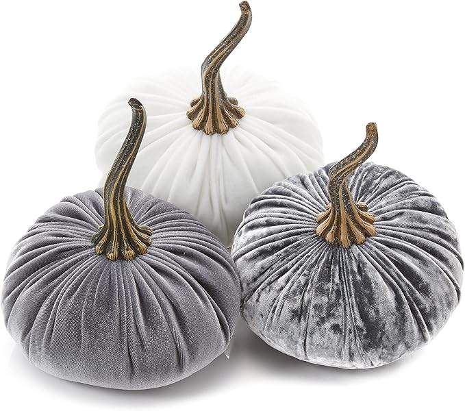 Set of 3 Velvet 6.25 Inch Pumpkins, silver platinumn accent decor, elegant luxe tablescape, tiered tray decor, cozy autumn vibe, office bookshelf, gift basket for hostess (Gray, Ivory, Platinum)