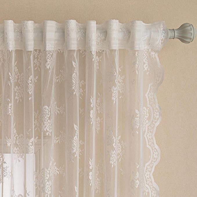 MEETSKY White Lace Sheer Curtains 72 Inch Length Vintage Victorian French Country Floral Light Filtering Back Tab Rod Pocket Window Treatments for Living Room Bedroom, 50" Wide Each Panel, 2 Panels