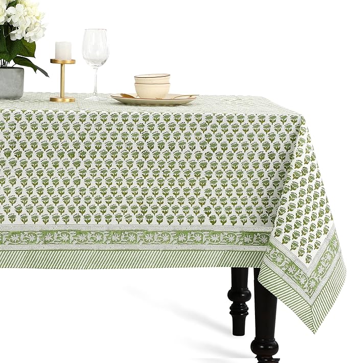 CPC Cotton Tablecloth 80x120 Inch Rectangle Indian Block Print Tablecloth- Green Washable Wedding Table Cover for Thanksgiving/Christmas- Emerald Green
