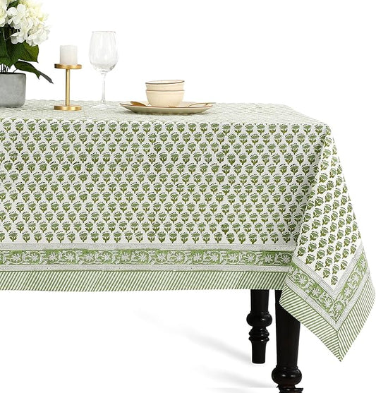 CPC Cotton Tablecloth 80x120 Inch Rectangle Indian Block Print Tablecloth- Green Washable Wedding Table Cover for Thanksgiving/Christmas- Emerald Green