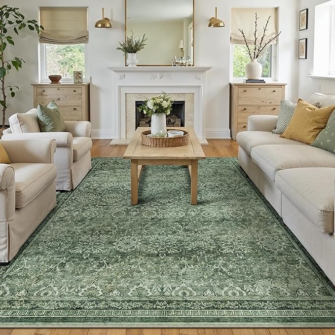 8x10 Vintage Area Rug Green Washable Living Room Large Non Slip Carpet Bedroom Indoor Office Low Pile Traditional Distressed Retro Floral Accent Rug for Dining Room