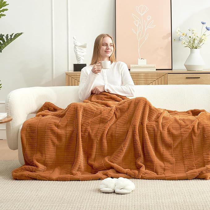 Amélie Home Luxury Striped Faux Fur Throw Blanket for Couch, Soft Cozy Fuzzy Fluffy Soft Plush Blankets Sofa Chair Gift Blankets for Women, 60"x80", Brown