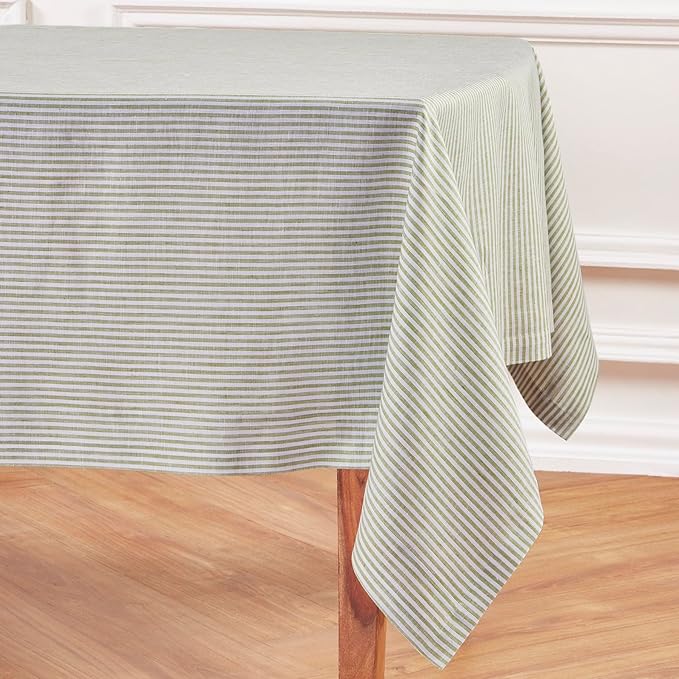 Solino Home Linen Striped Tablecloth 60 x 90 Inch - 100% Pure Linen Avocado and White Table Cloth for Rectangle Tables - Narrow Stripe, Machine Washable Tablecloth for Thanksgiving, Christmas, Winter