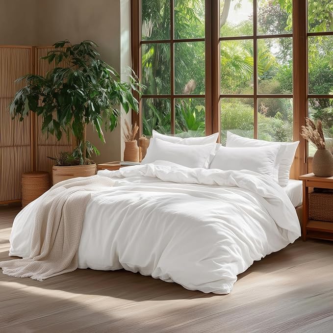 Bedsure 100% Washed Cotton Duvet Cover Oversized Queen - Natural White Minimalist Cotton Duvet Cover Linen Like - GentleSoft™ Plain Simple Bedding (Natural White,Oversized Queen, 98"x98")